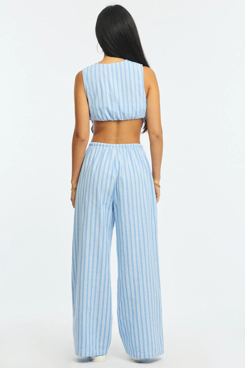Blue Stripe Wide Leg Pants Elasticated Waist - Image 6