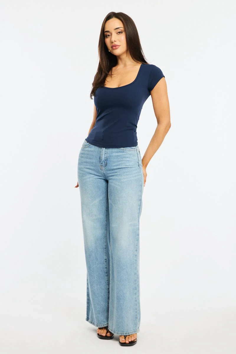 Blue T-shirt Cap Sleeve Sweetheart Neck - Image 2