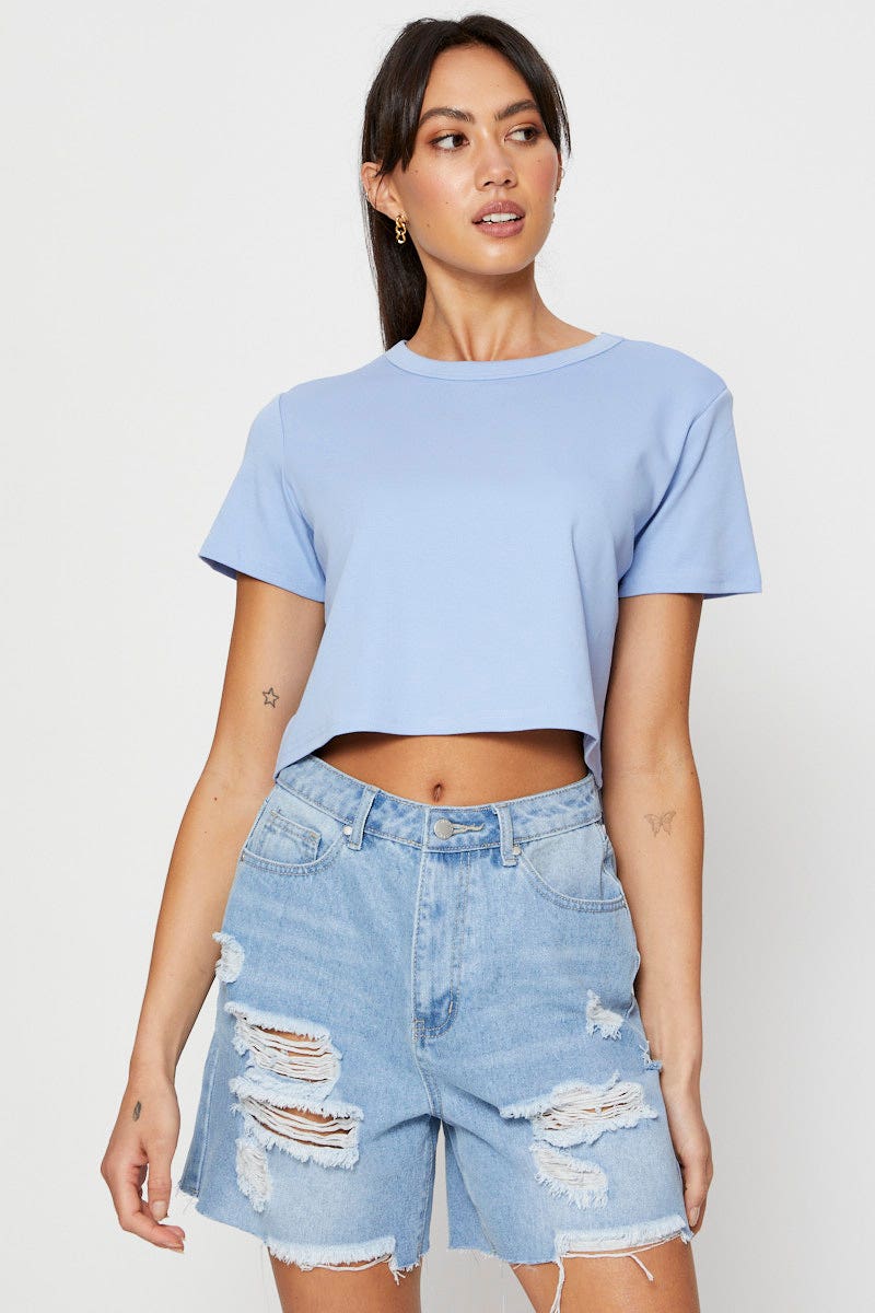 Blue T Shirt Short Sleeve Crop Crew Neck Cotton - Image 3