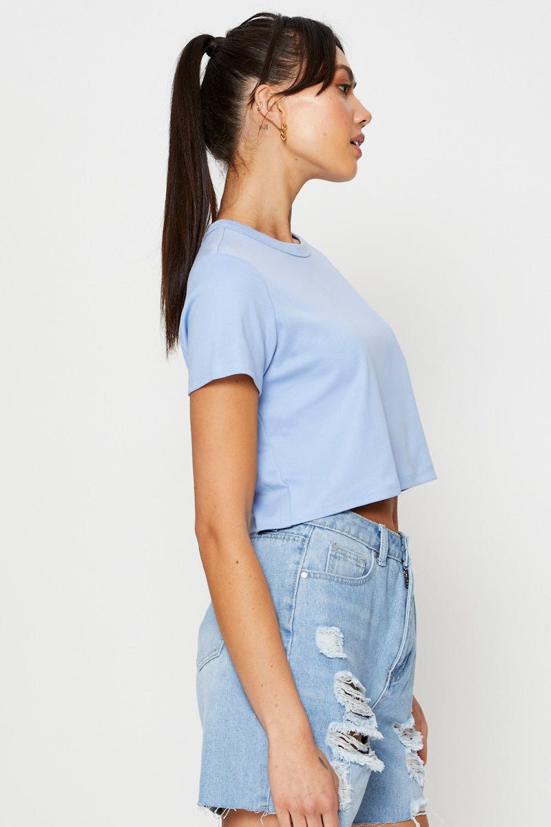 Blue T Shirt Short Sleeve Crop Crew Neck Cotton - Image 4
