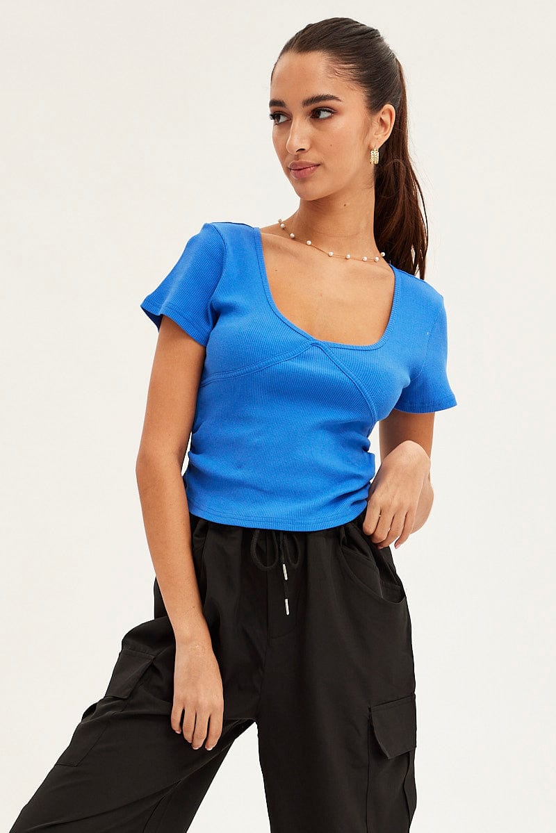 Blue T-Shirt Short Sleeve V Neck - Image 3