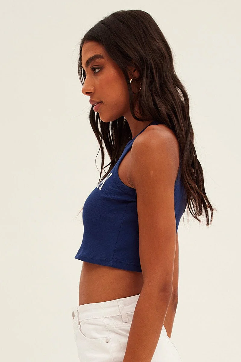 Blue Tank Top Sleeveless Round Neck New York Print Rib - Image 4