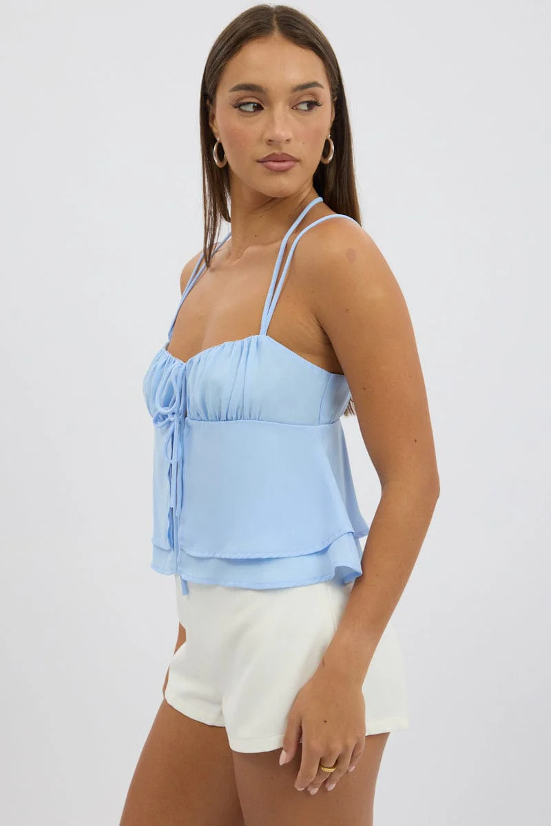 Blue Tie Front Cami Halter Neck Sleeveless - Image 4