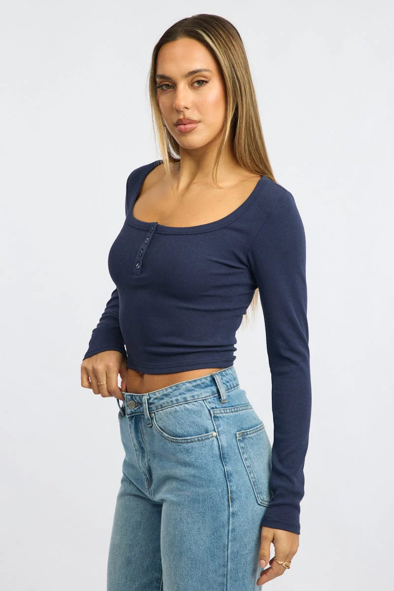 Blue Top Square Neck Long Sleeve - Image 3