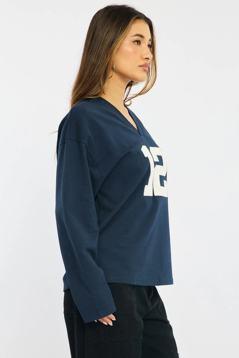 Blue V-neck Sweater Long Sleeve - Image 4