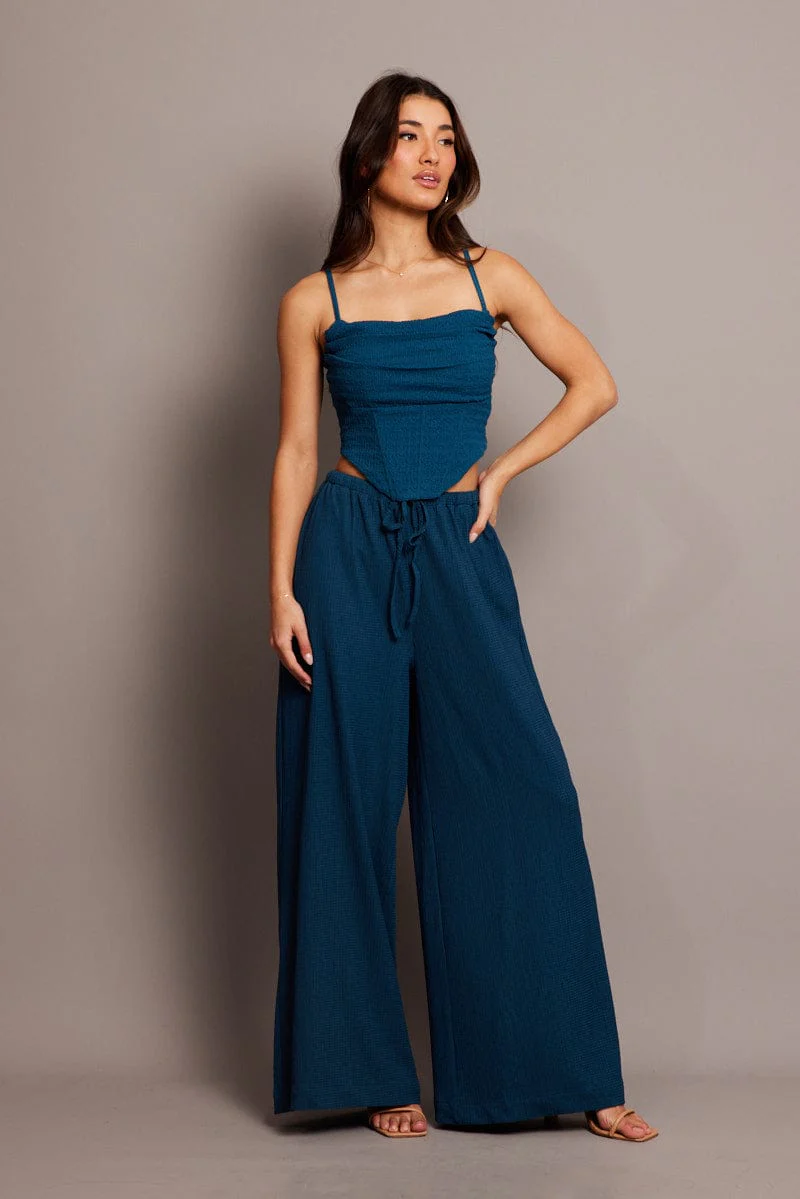 Blue Wide Leg Pants High Rise Textured Fabric - Image 2