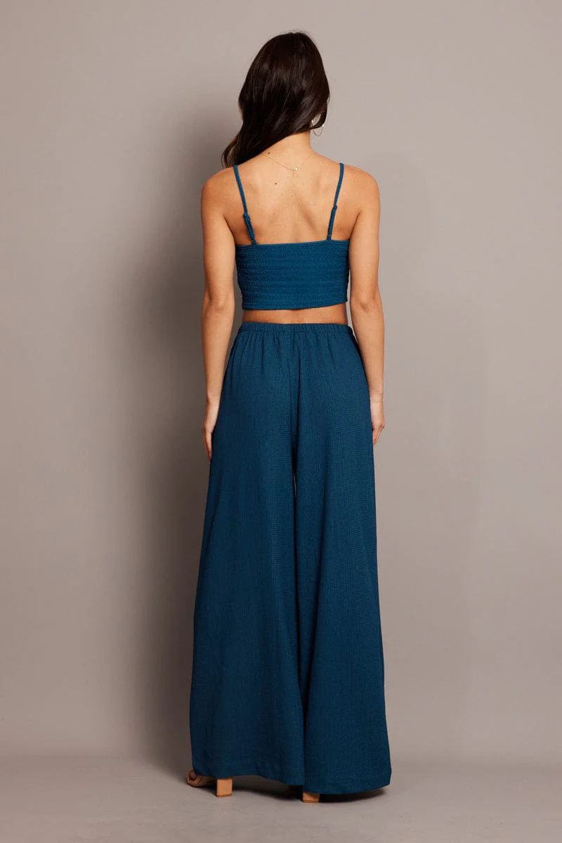 Blue Wide Leg Pants High Rise Textured Fabric - Image 5