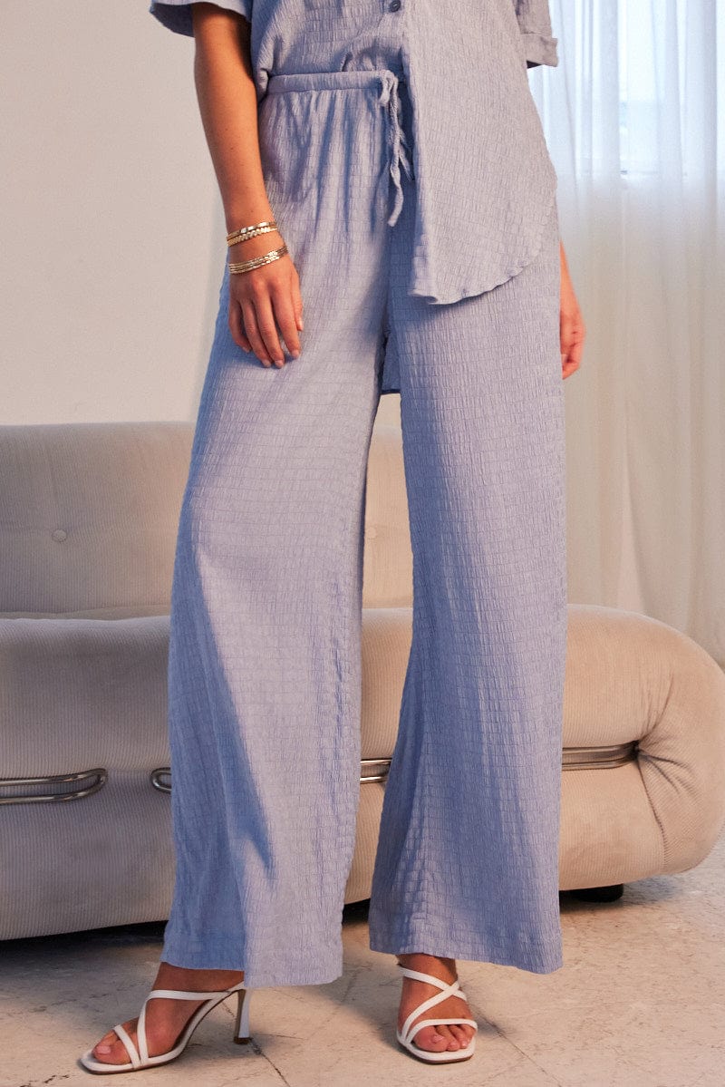 Blue Wide Leg Pants High Rise Textured Fabric - Image 3
