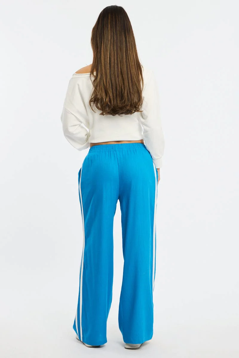 Blue Wide Leg Pants Side Stripe - Image 4
