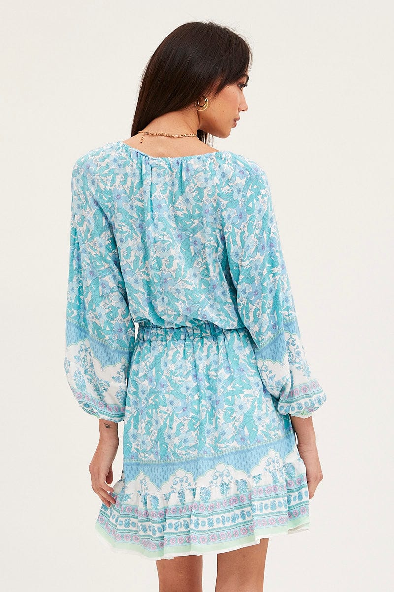 Boho Print Tie Waist Dress Long Sleeve Mini - Image 5