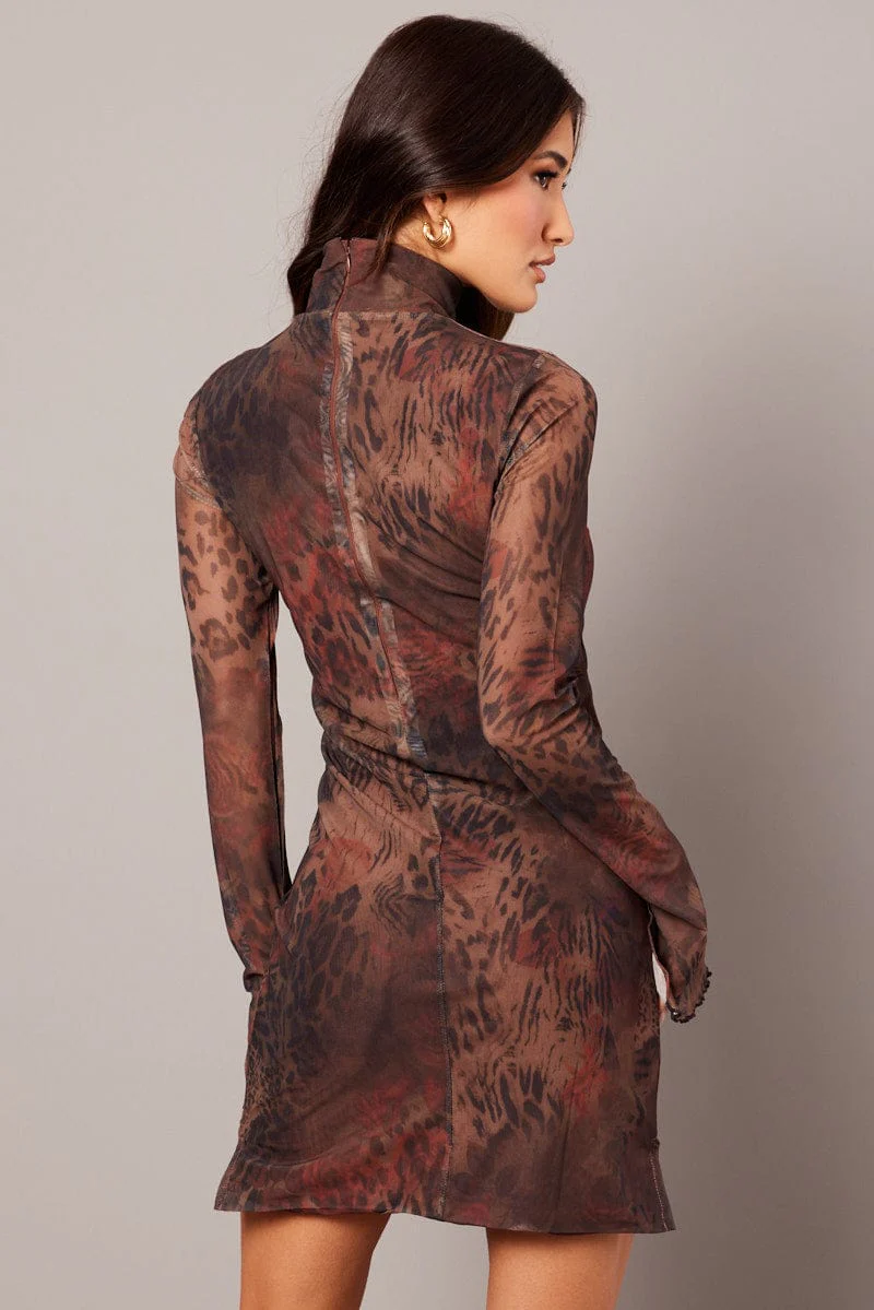 Brown Abstract Bodycon Dress High Neck Mini Long Sleeve - Image 5