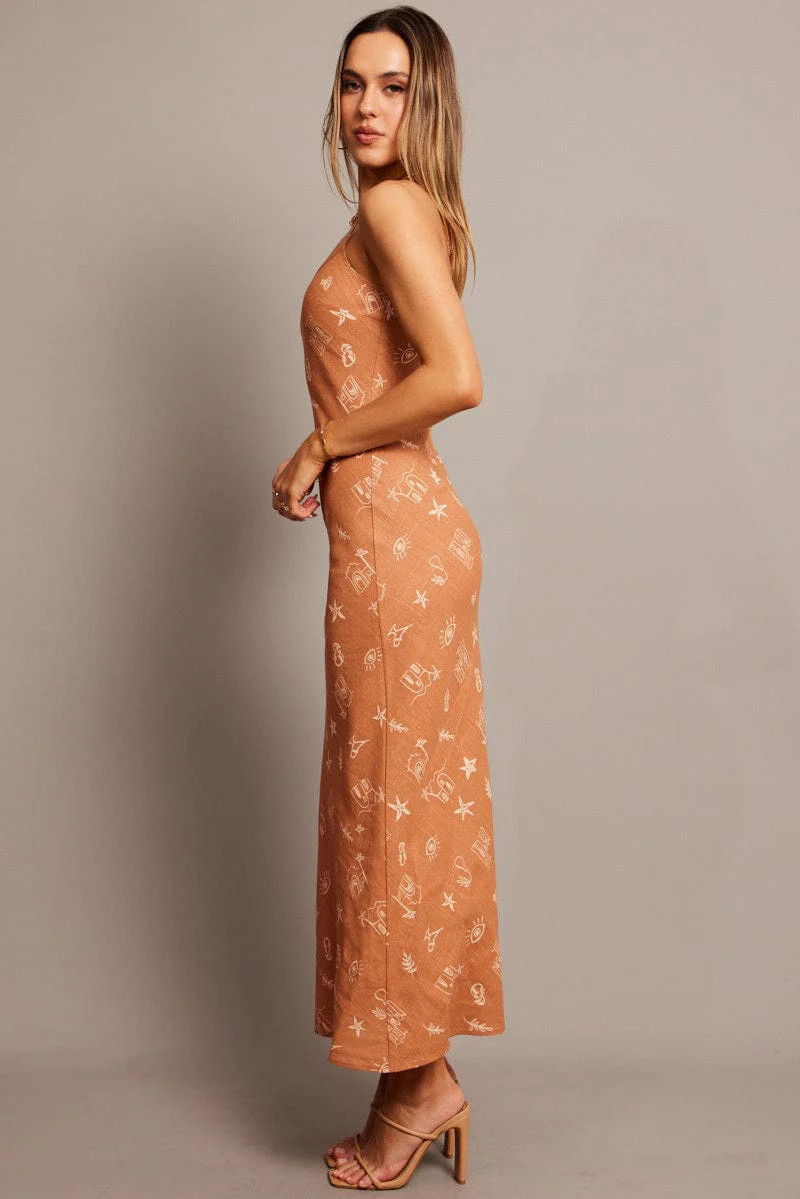 Brown Abstract Maxi Dress Bias Cut - Image 4