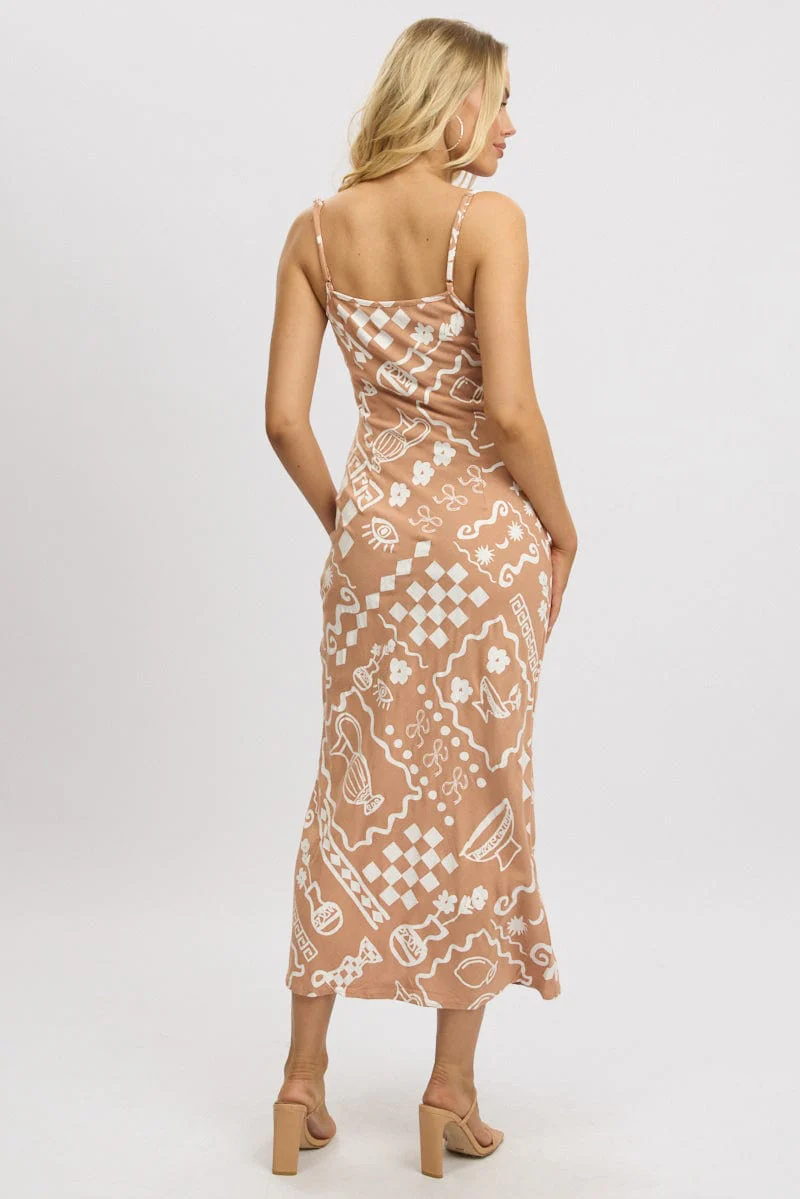 Brown Abstract Maxi Dress Bias Cut Linen Blend - Image 5