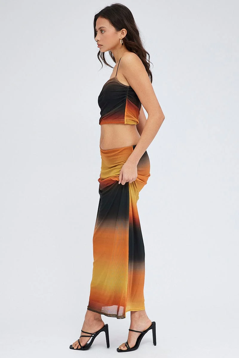 Brown Abstract Maxi Skirt Pencil High Rise Mesh - Image 4