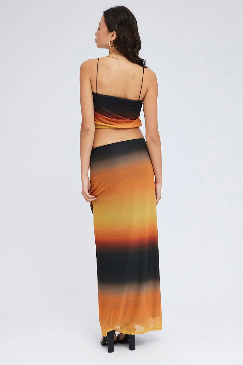 Brown Abstract Maxi Skirt Pencil High Rise Mesh - Image 5
