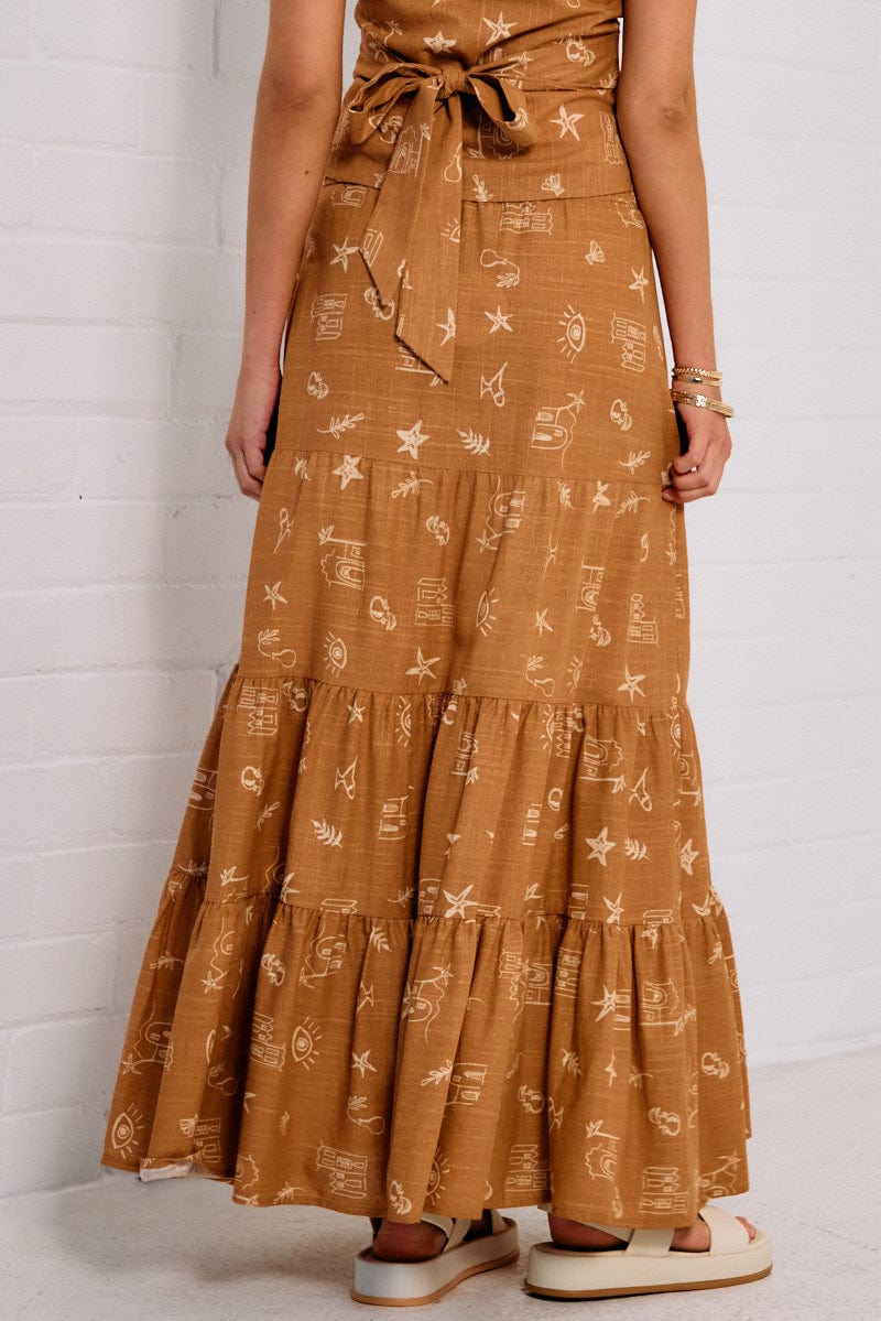 Brown Abstract Maxi Skirt Tiered - Image 5