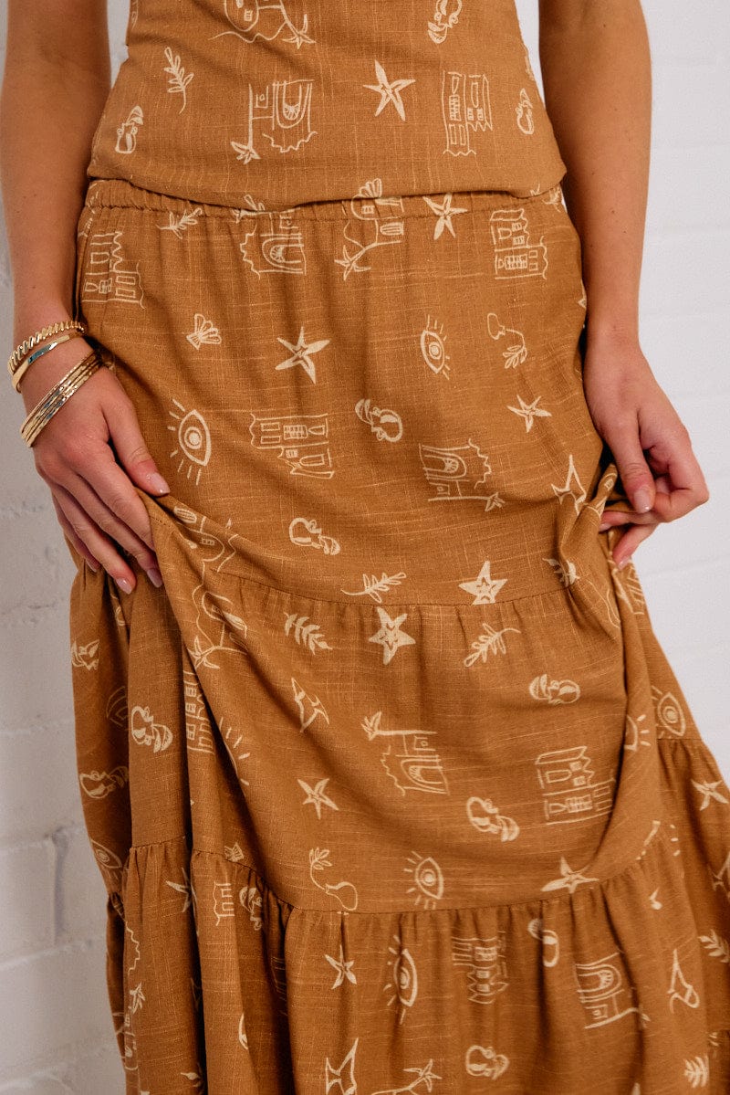 Brown Abstract Maxi Skirt Tiered - Image 6
