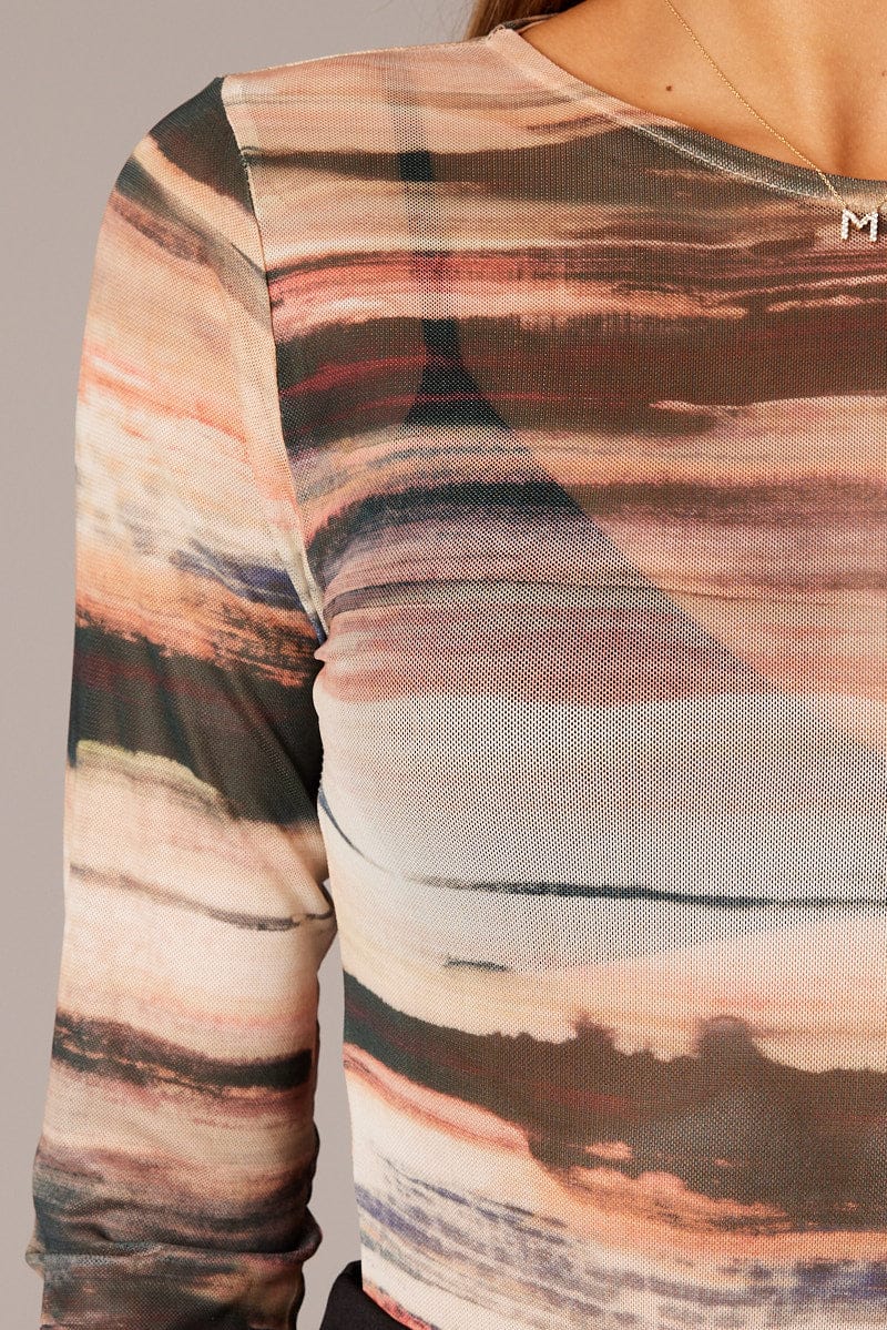 Brown Abstract Mesh Bodysuit Long Sleeve - Image 6