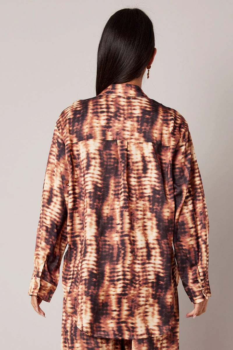 Brown Abstract Relaxed Shirt Long Sleeve Satin - Image 5