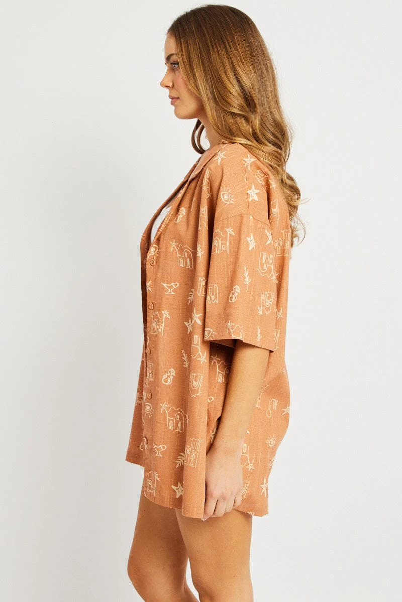 Brown Abstract Relaxed Shirt Short Sleeve - Image 4