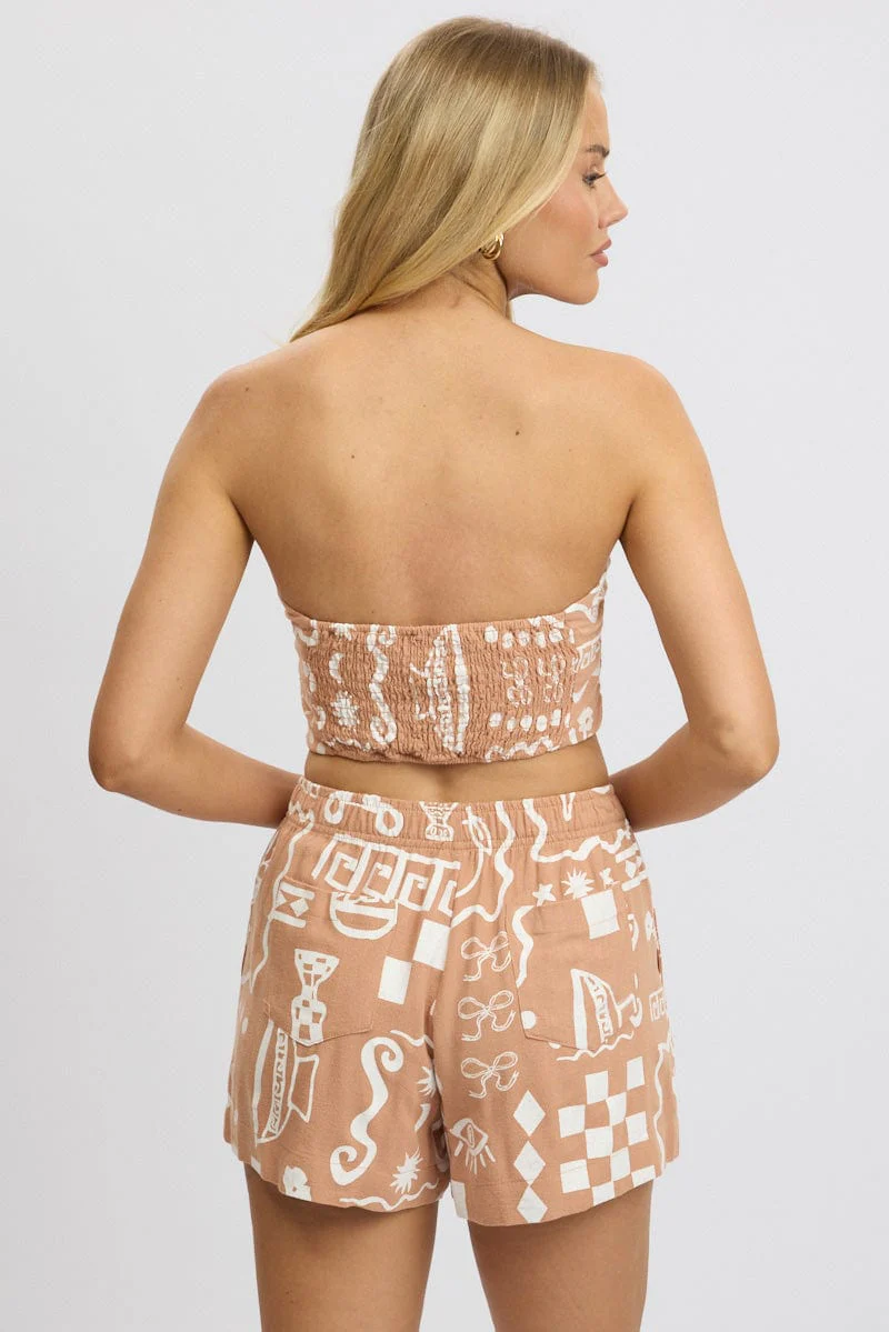 Brown Abstract Scarf Top Strapless Linen Blend - Image 5