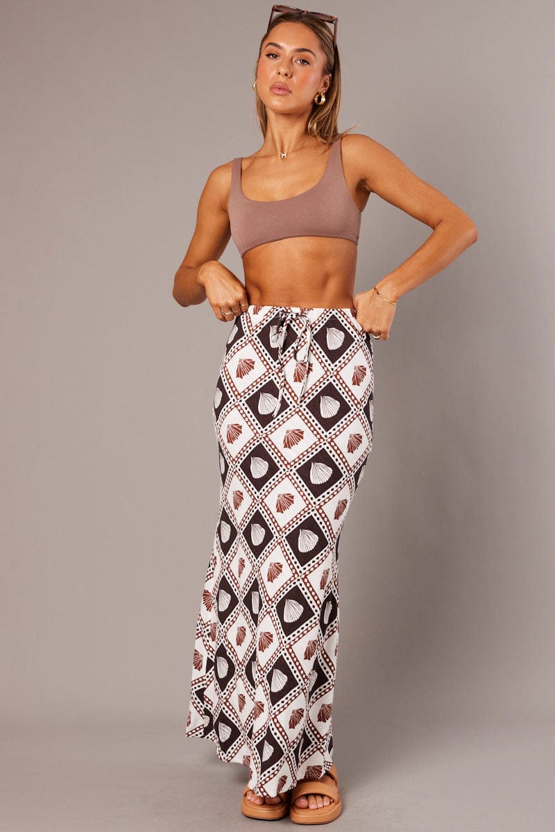 Brown Abstract Slip Skirt Maxi Linen Blend - Image 2