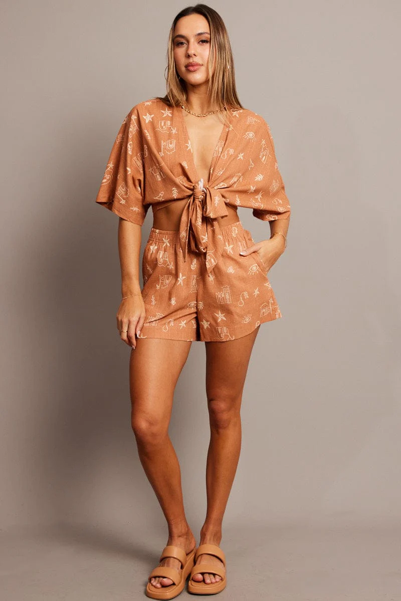 Brown Abstract Tie Up Bolero Short Sleeve - Image 2