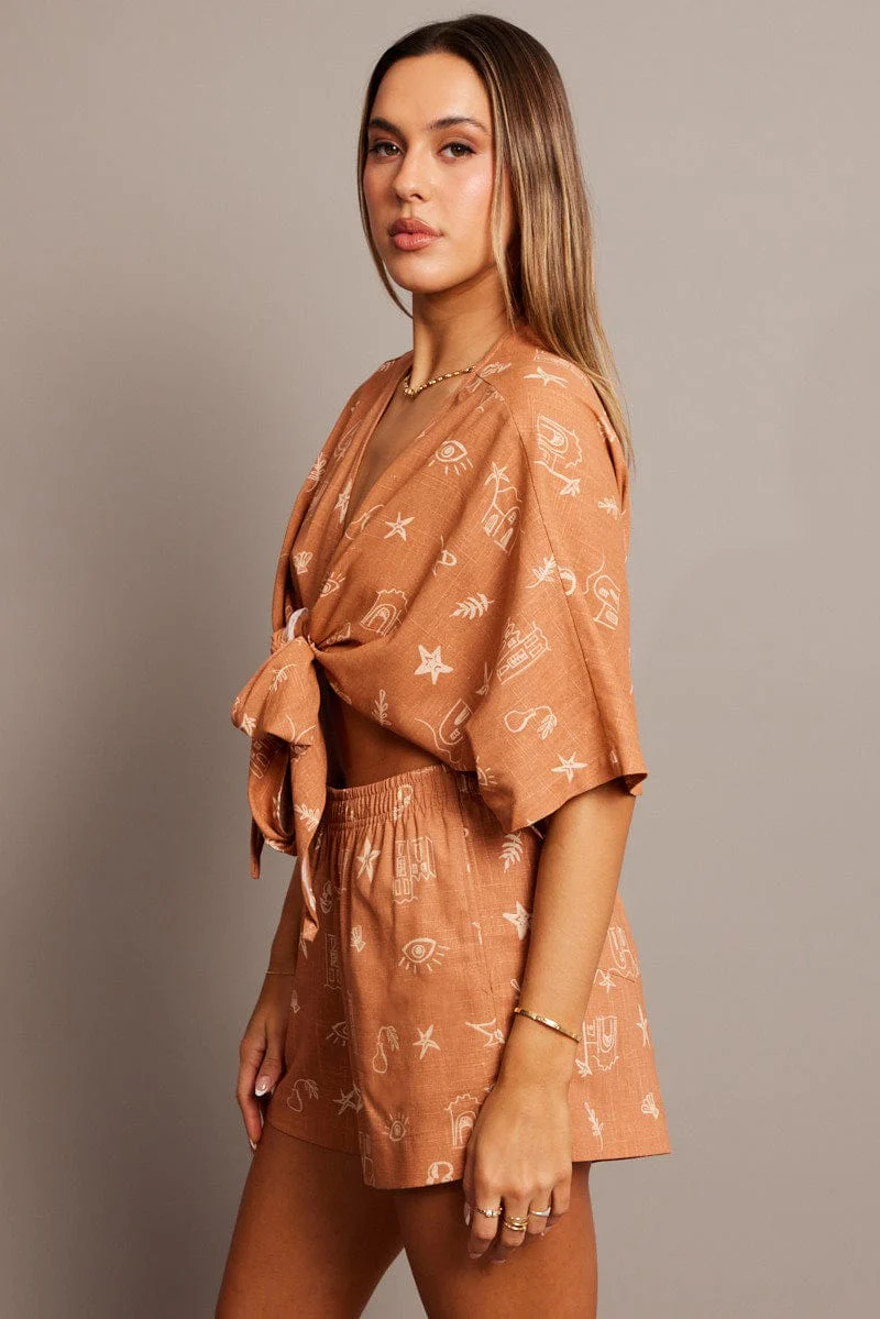 Brown Abstract Tie Up Bolero Short Sleeve - Image 4