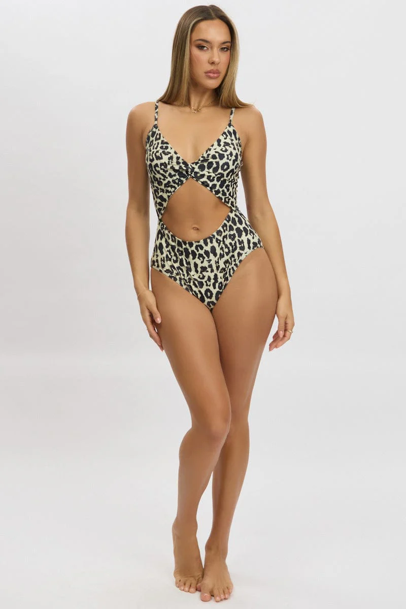 Brown Animal Print Cut Out One Piece Swimsuit - Image 2
