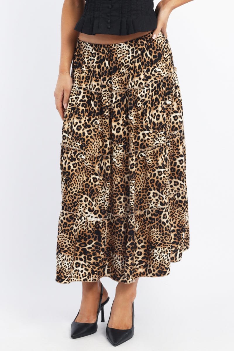 Brown Animal Print Maxi Skirt Tiered High Rise Rayon Lined - Image 2