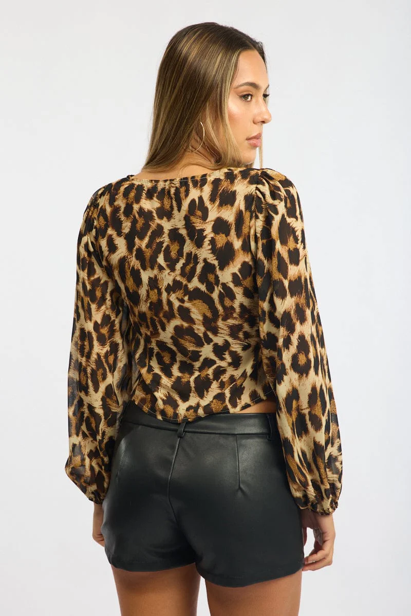 Brown Animal Print Tie Front Top Long Sleeve Gathered Bust Leopard - Image 4