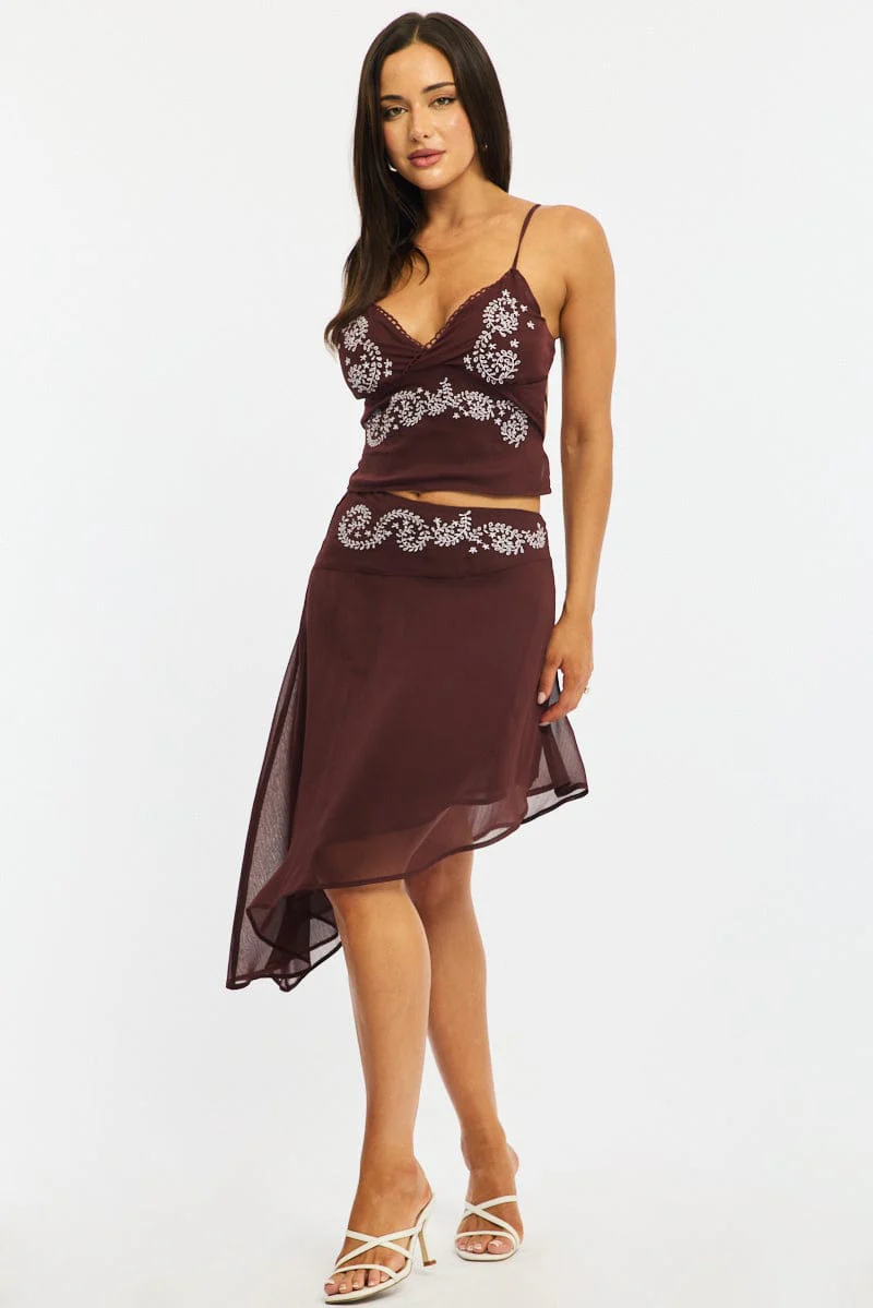 Brown Asymmetric Midi Skirt Mid Rise Embroidered - Image 3