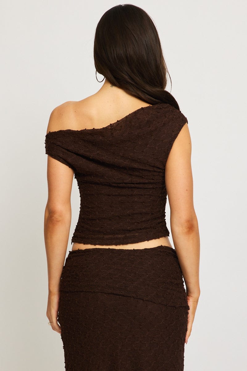 Brown Asymmetric Top Sleeveless One Shoulder Textured - Image 4