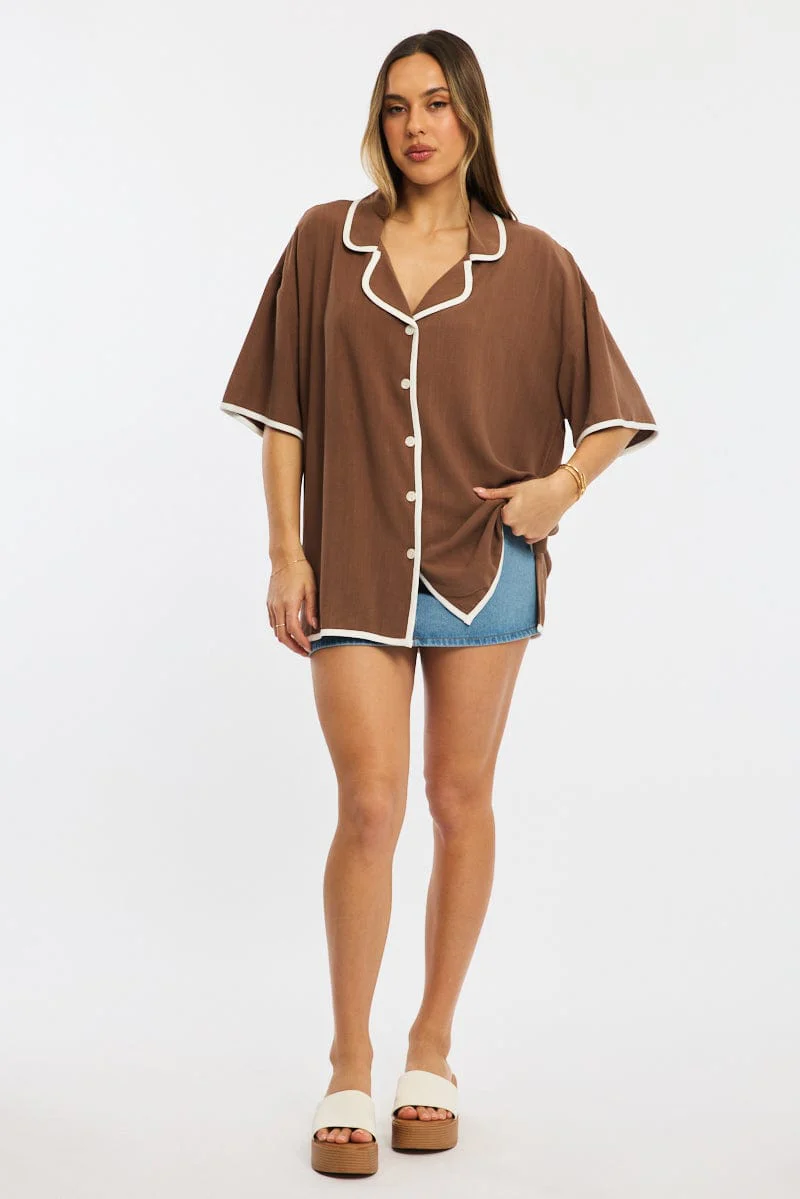Brown Bias Lapel Shirt Short Sleeve Relaxed Linen Blend - Image 2