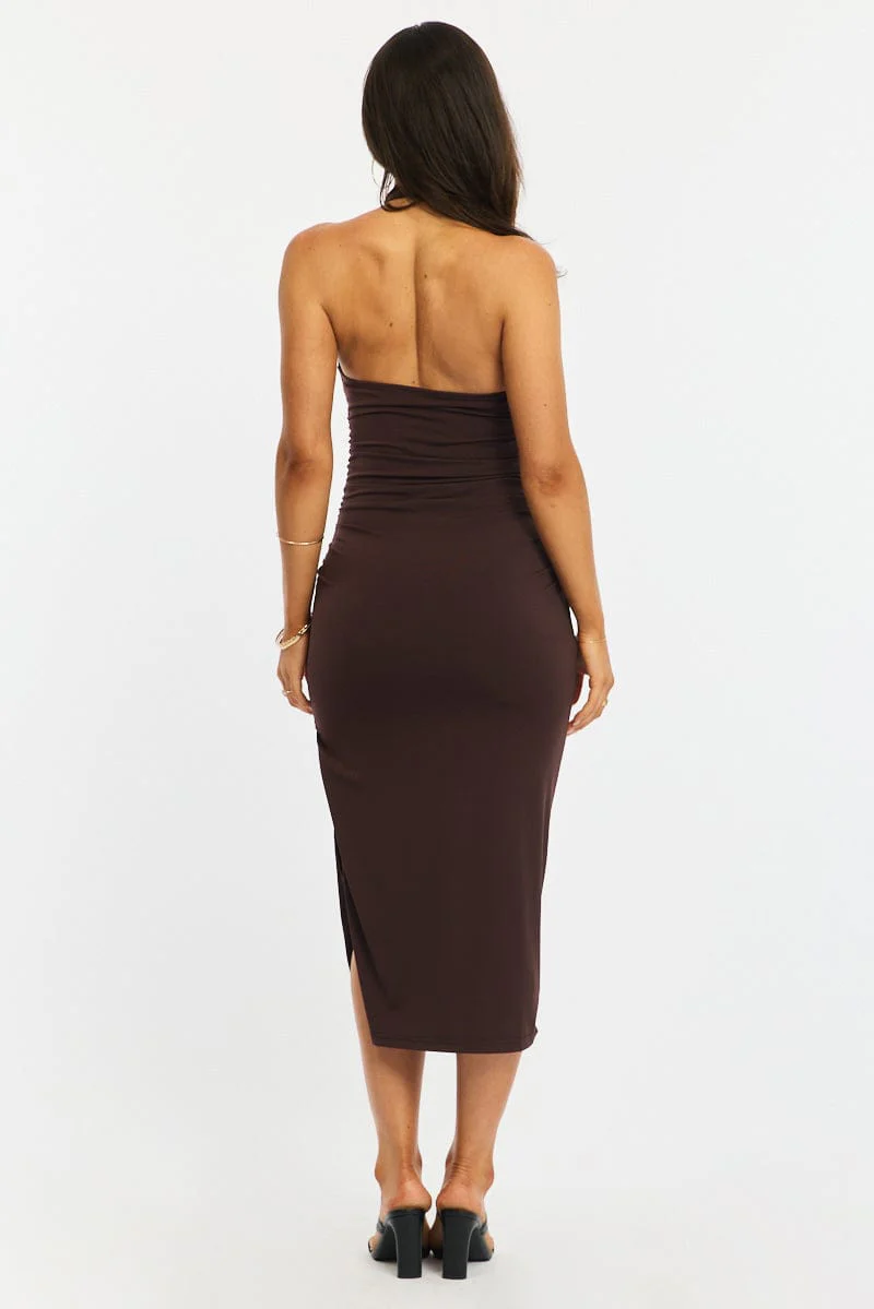 Brown Bodycon Dress High Neck Side Ruched - Image 4