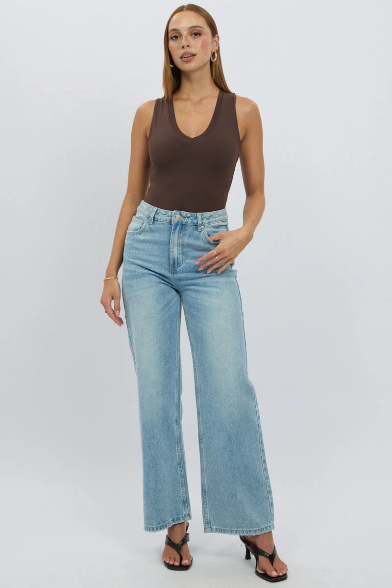 Brown Bodysuit Sleeveless V Neck - Image 2