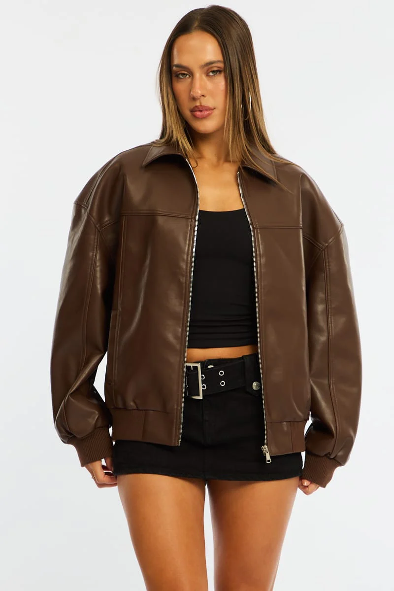 Brown Bomber Jacket Faux Leather - Image 4