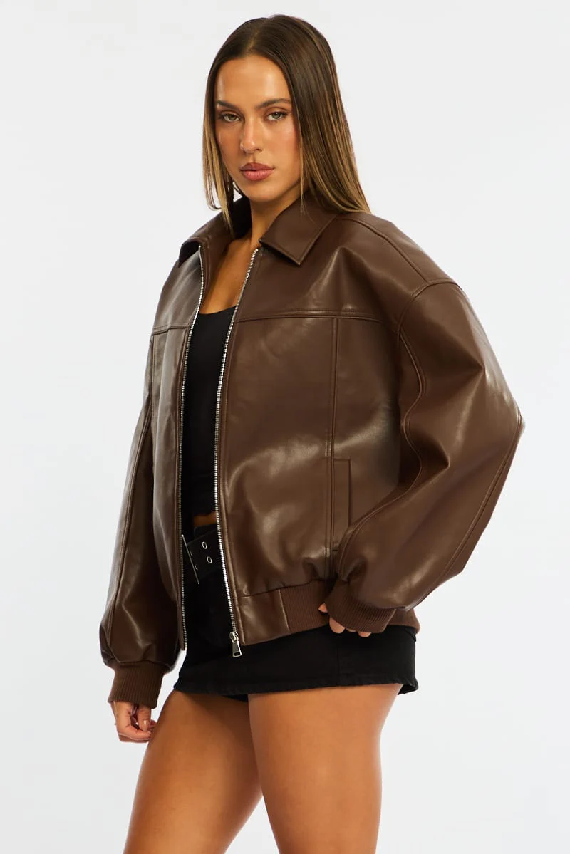 Brown Bomber Jacket Faux Leather - Image 5