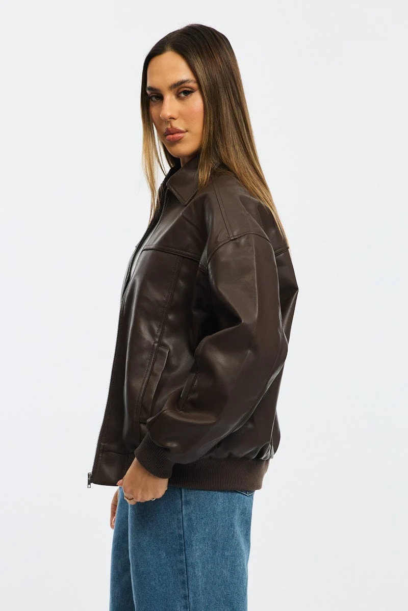 Brown Bomber Jacket Faux Leather - Image 3