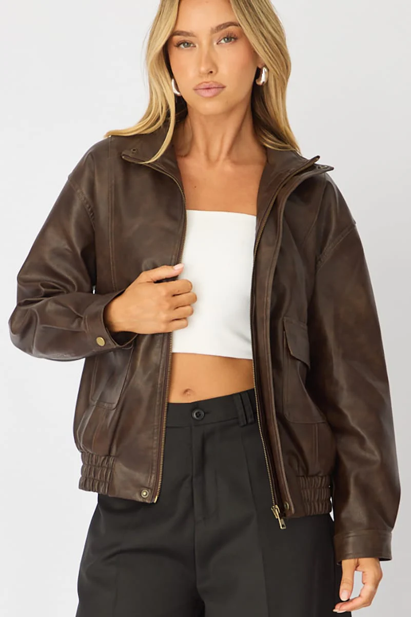 Brown Bomber Jacket Washed Faux Leather - Image 2