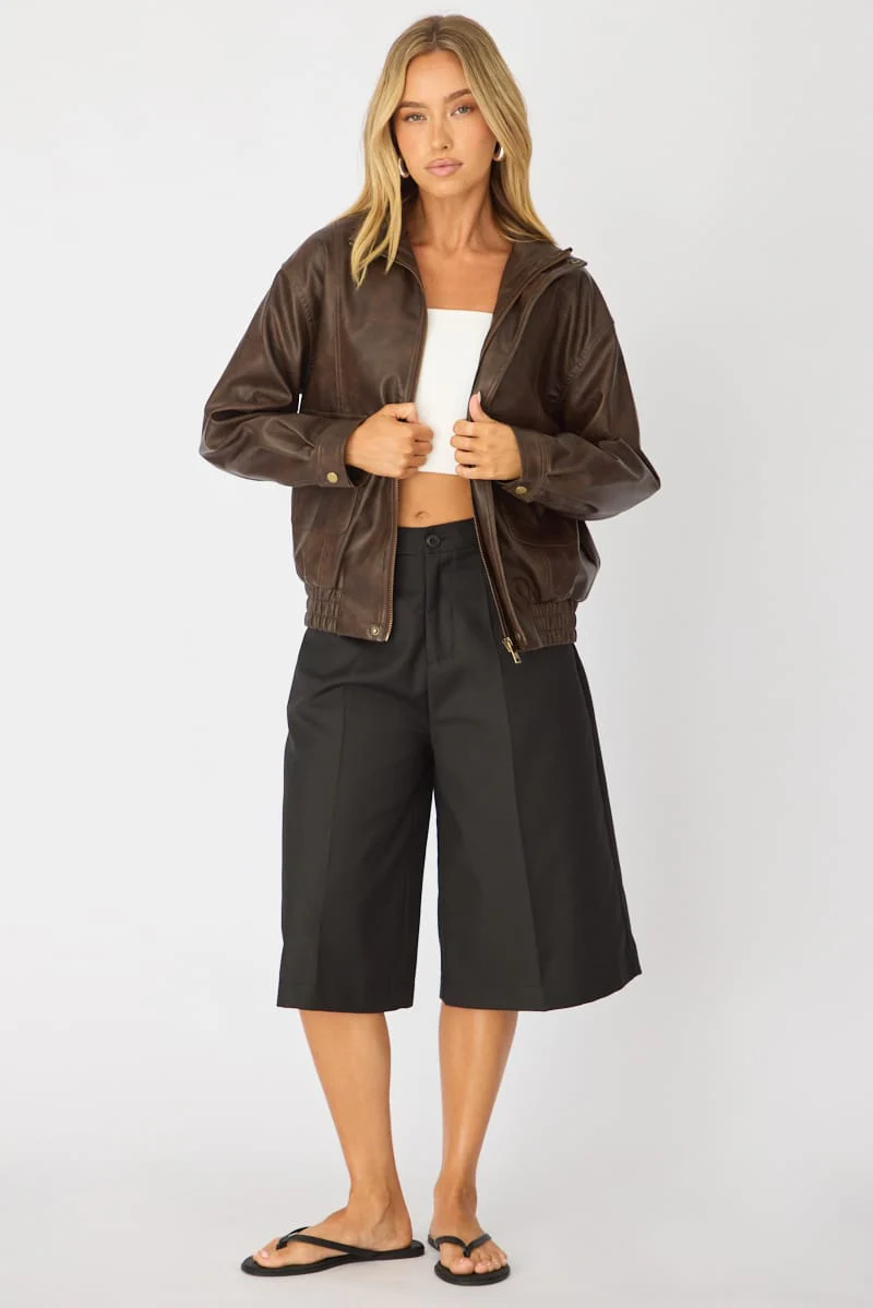 Brown Bomber Jacket Washed Faux Leather - Image 3