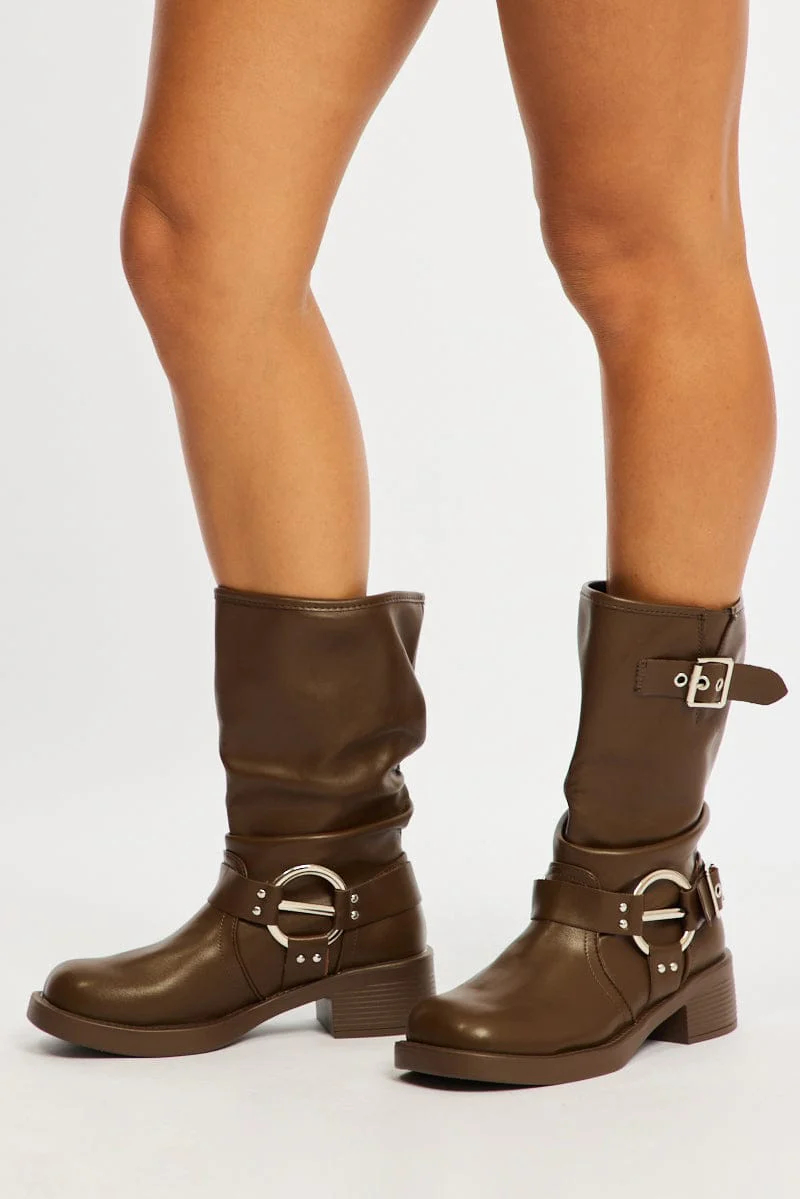 Brown Buckle Detail Biker Boots