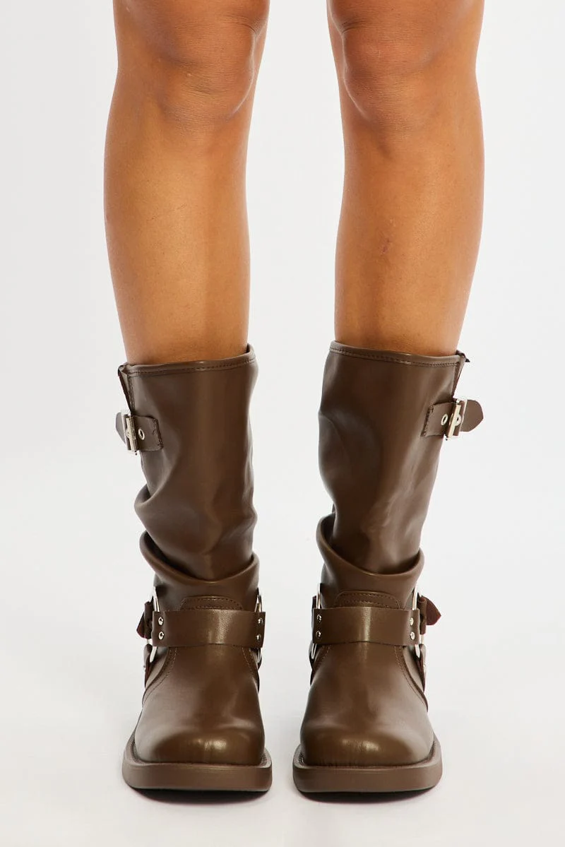 Brown Buckle Detail Biker Boots - Image 2