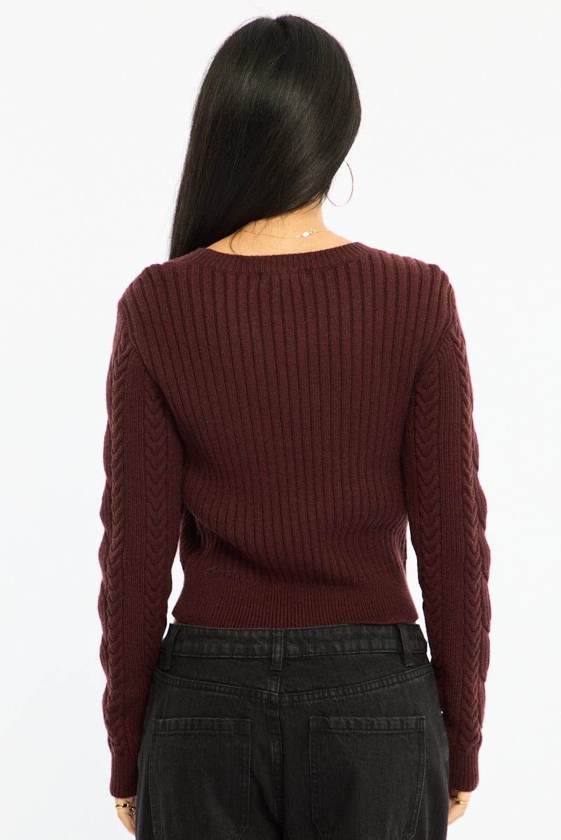 Brown Cable Knit Top Long Sleeve Crew Neck - Image 4