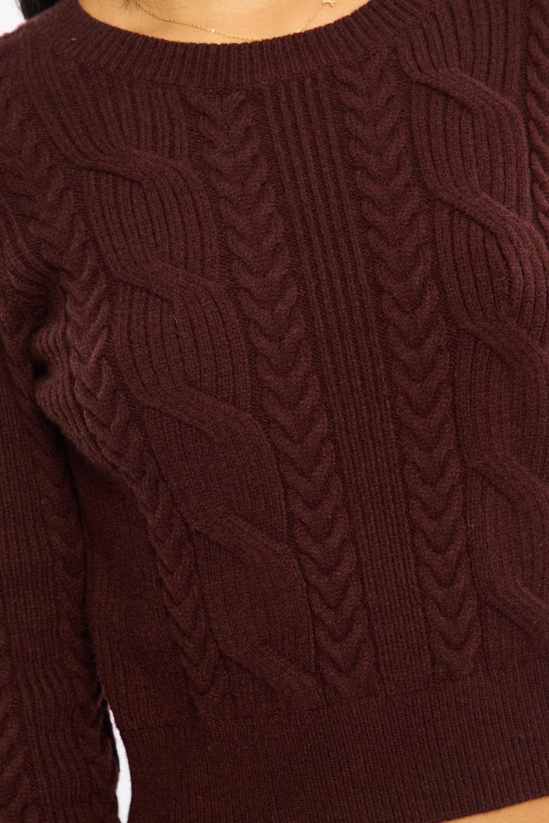 Brown Cable Knit Top Long Sleeve Crew Neck - Image 5