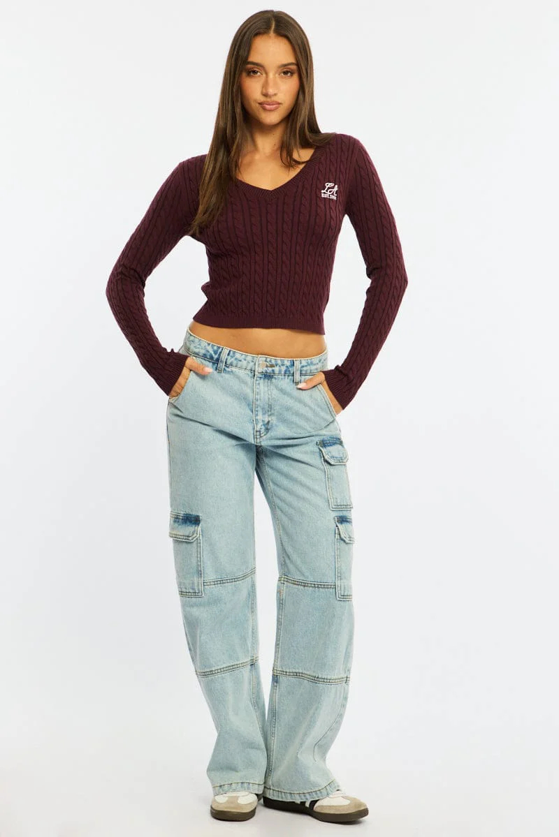 Brown Cable Knit Top V-neck Embroidered Detail - Image 2