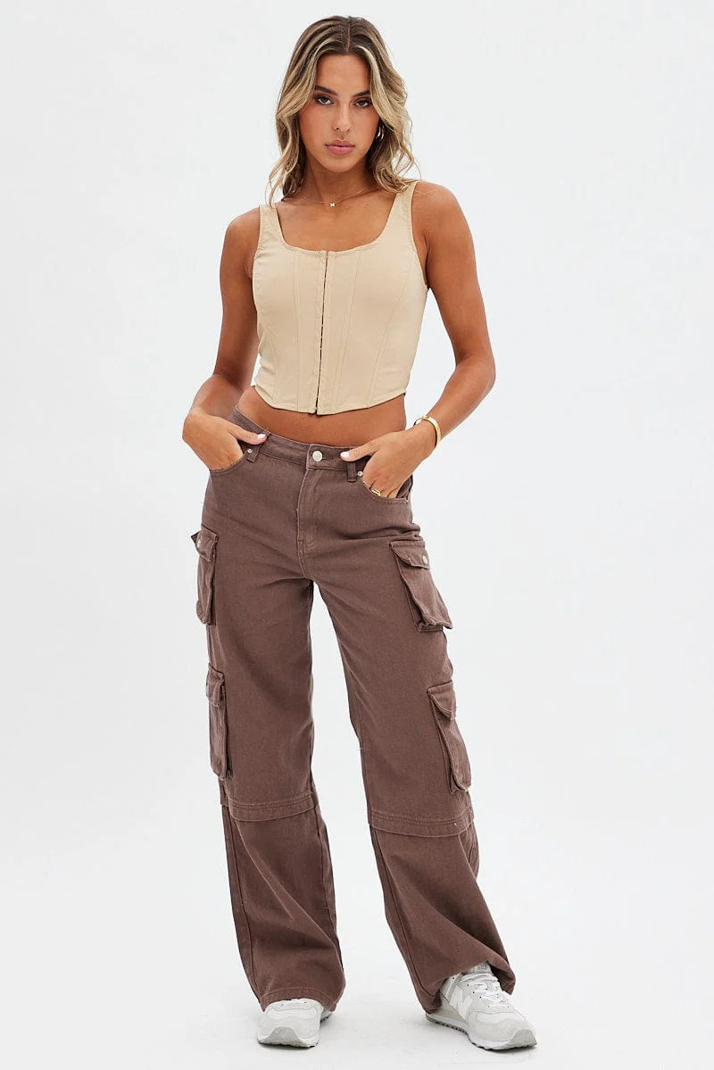 Brown Cargo Denim Jeans High Rise - Image 2