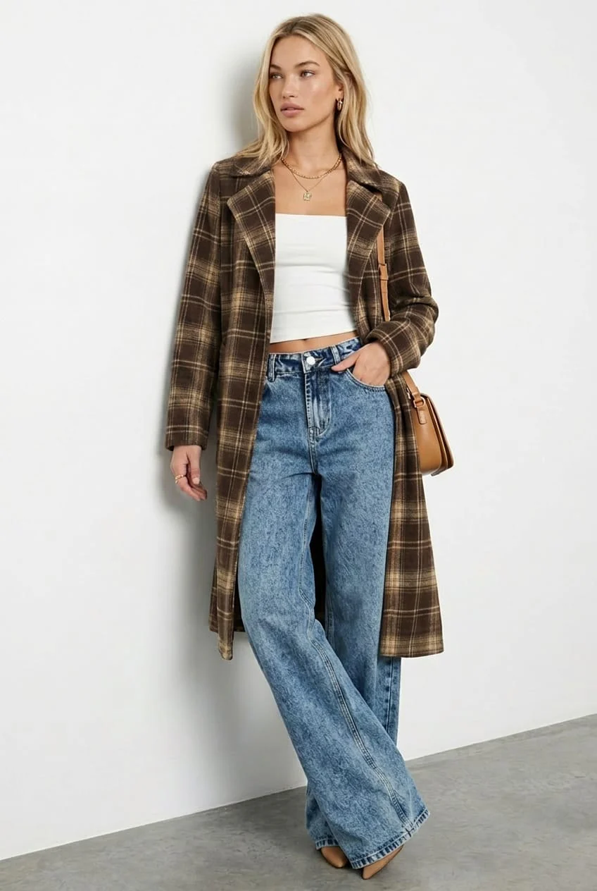 Brown Check Belted Coat Knee Length Long Sleeve