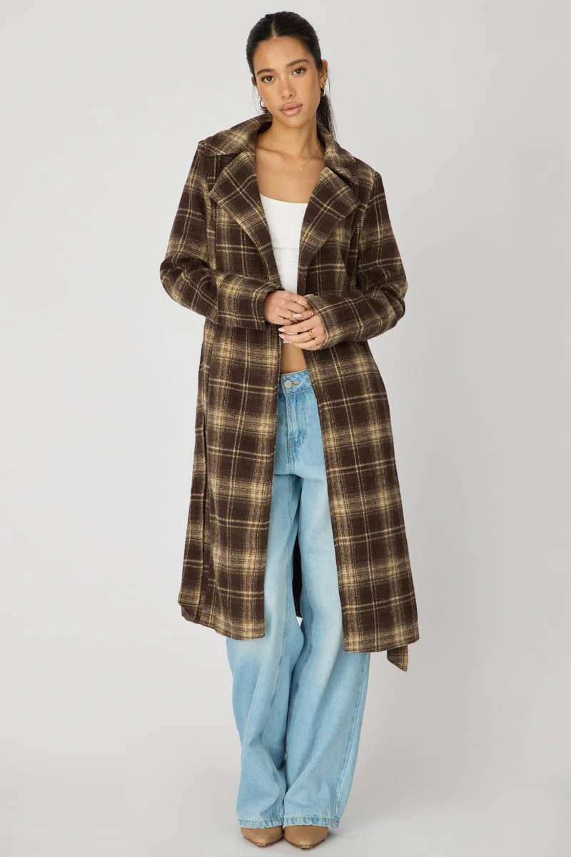 Brown Check Belted Coat Knee Length Long Sleeve - Image 4
