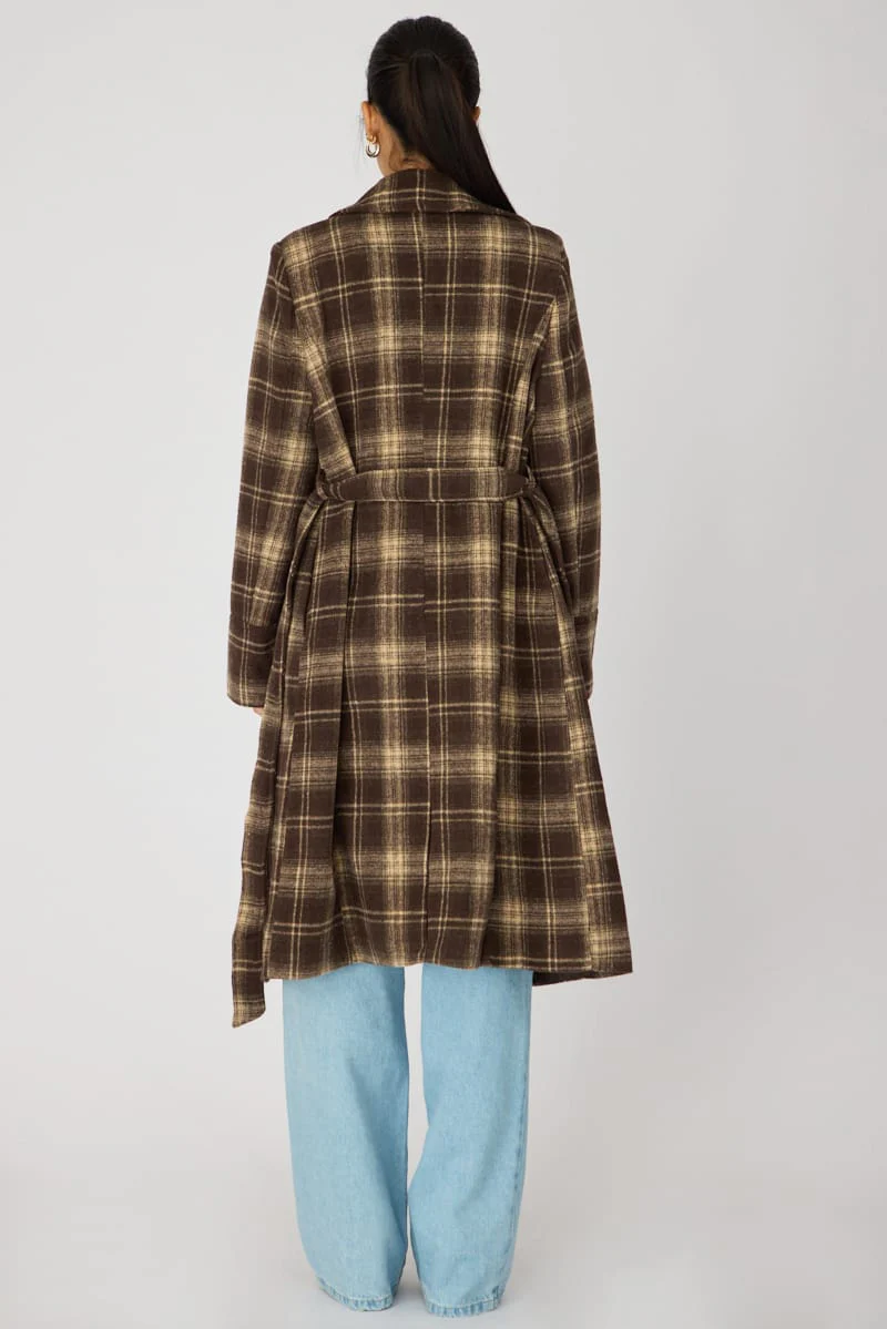 Brown Check Belted Coat Knee Length Long Sleeve - Image 6
